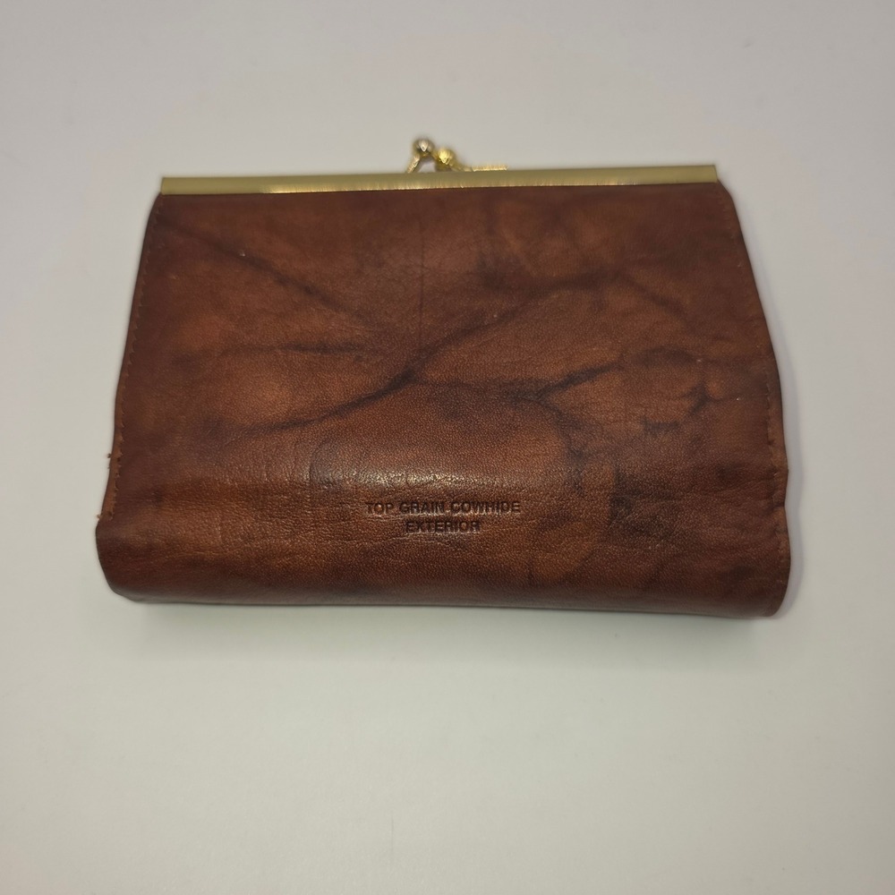 Buxton Vintage Brown Top Grain Cowhide Leather Trifold Kiss Lock Wallet Logo - Picture 6 of 6